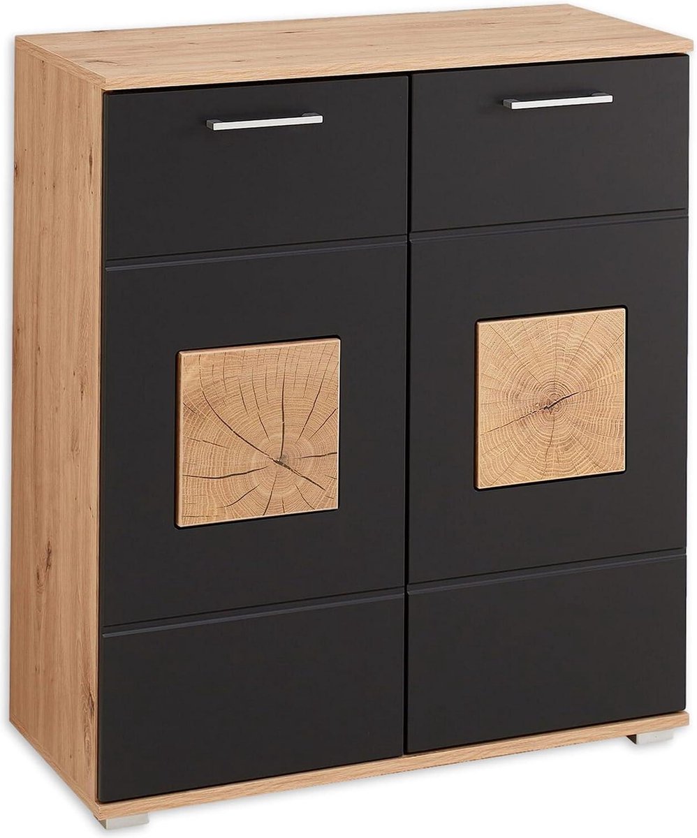Schoenenkast met spiegel zwart Artisan eiken look hersenhouten applicaties - Modern schoenenrek opbergruimte - 84 x 95 x 38 cm (B-H-D) Schoenenkast met spiegel (9501262922983)