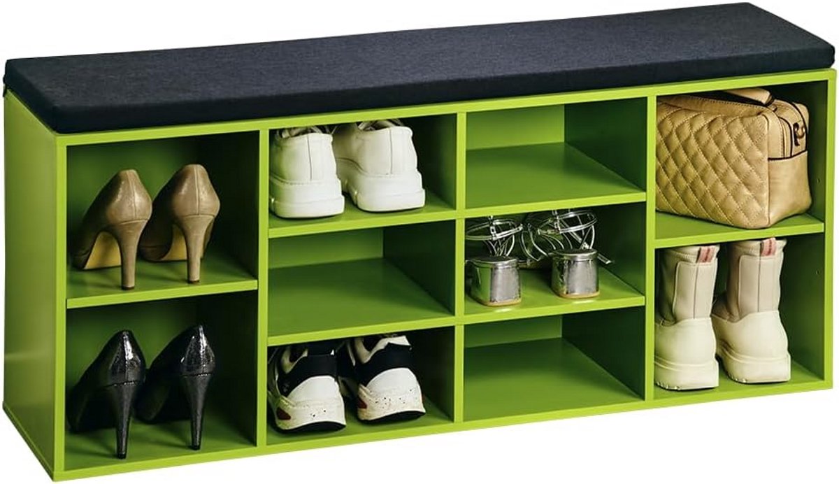 Schoenenkast met zitkussen - 8-10 vakken - FSC-gecertificeerd - Groen/Zwart (9101032533823)
