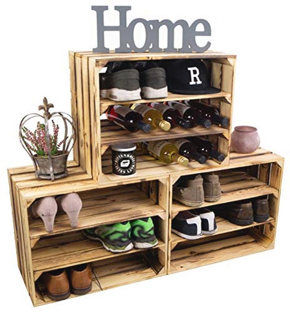 Schoenenkast, schoenenrek van gevlamde houten kisten, schoenenrek, schoenenrek voor kinderen en volwassenen, stabiel rek in fruitkistenlook (dubbele lengte 50 x 40 x 29 cm, set van 3) (9101002950643)
