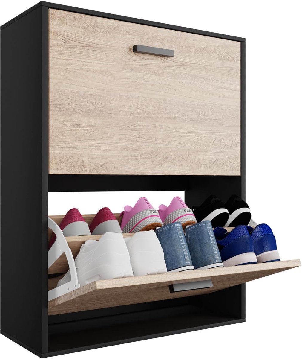 Schoenenkast voor 12 paar - moderne kast met grote capaciteit voor entree of hal - zwart licht hout 60 x 24 x 80 cm (8721316716677)