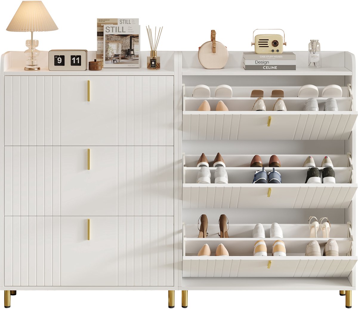 Schoenenkastset - 80x23.5x123.5 cm - 2 Stuks Met 3 Kleppen 6 Vakken En Anti-Kip - MDF - Wit (8901660931760)