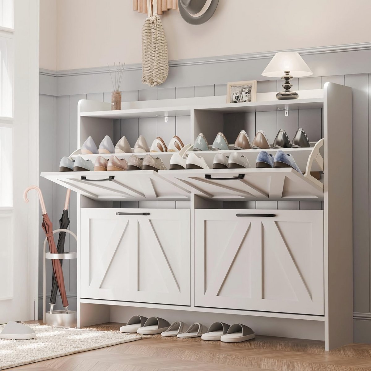 Schoenenopbergkast met 4 Klapladen - Vrijstaande Organiser voor Entree - Slanke en Stijlvolle Witte Kast (9101016072997)