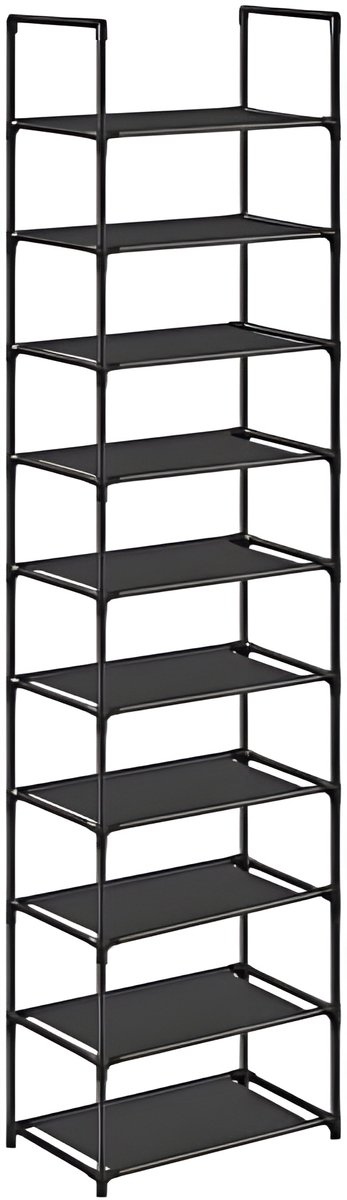 Schoenenrek 10 niveaus - Staand schoenenrek met metalen frame en vliesstof planken - Smal ontwerp 28 x 45 x 173 cm - Voor hal, slaapkamer of kleedkamer - Zwart (6154300323322)