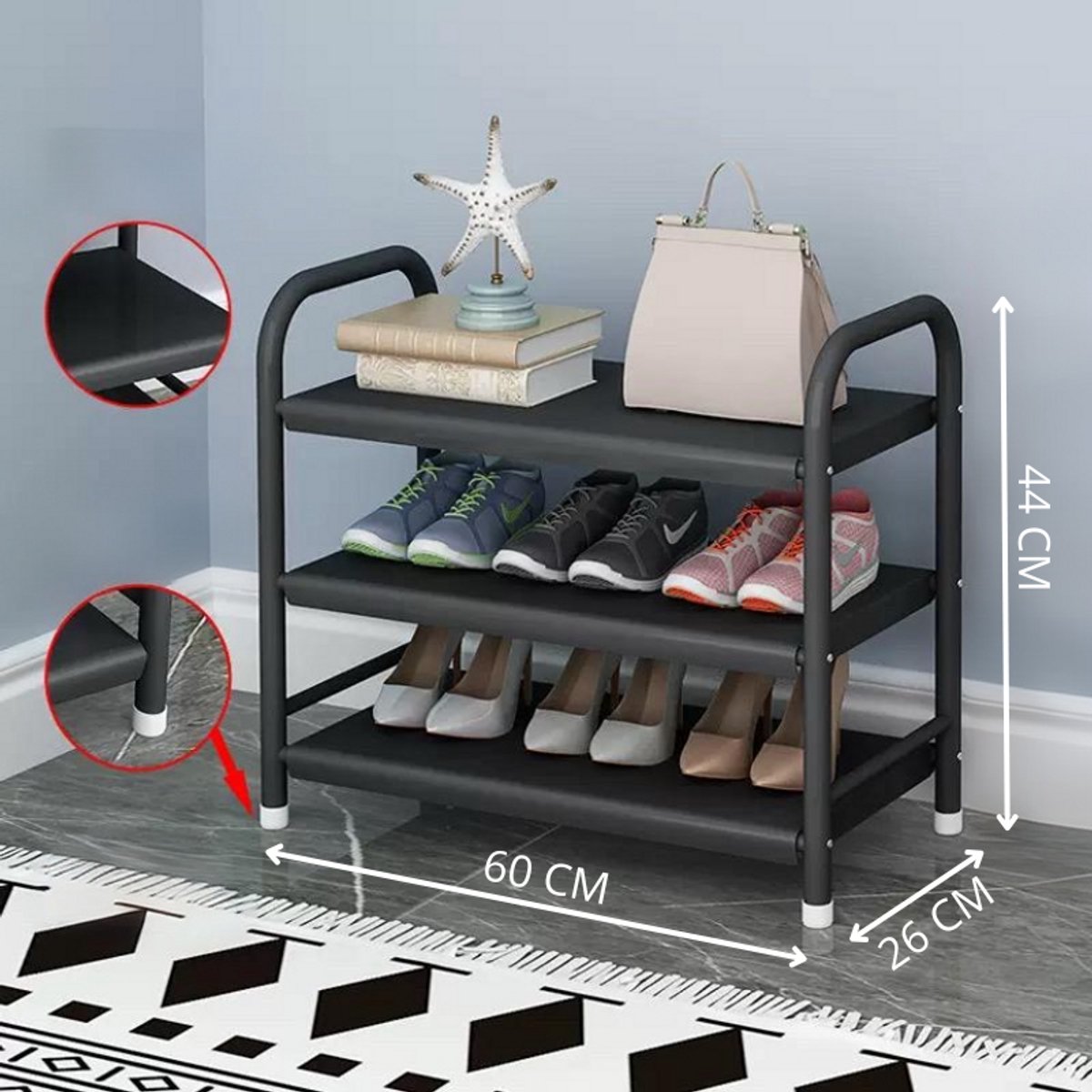 Schoenenrek - 60 cm - 3 laags - Kleur Zwart - Schoenen - Opbergruimte - Opbergen (8720955214834)