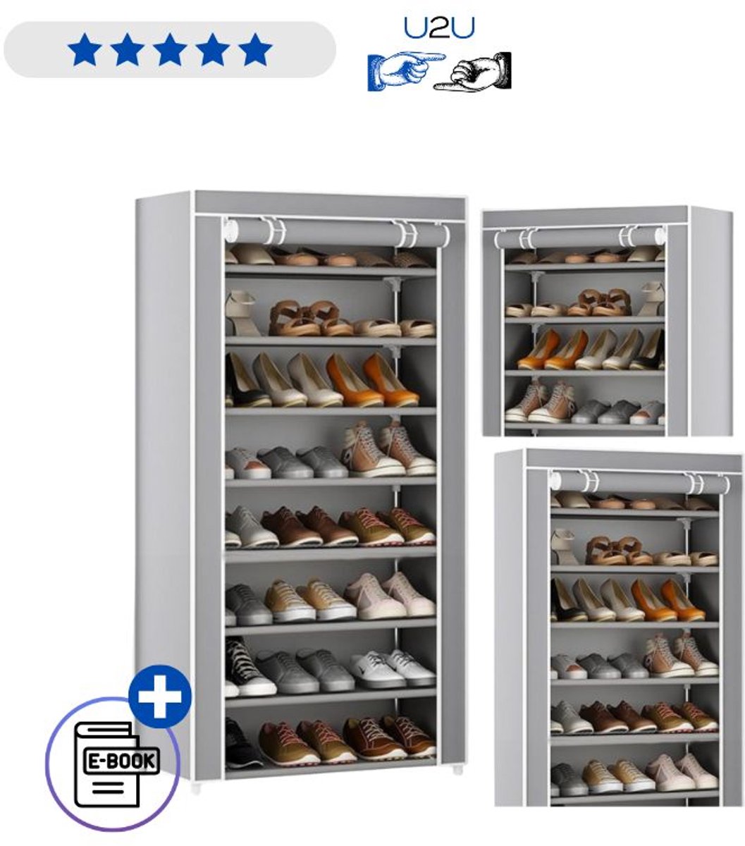 Schoenenrek 8laags grijs met stofhoes organizer schoenenkast opbergrek verstelbaar voor max 40 paar schoenen antistof modern design stabiel staal en nonwoven stof praktisch voor hal slaapkamer garderobe CEgecertificeerd duurzaam multi Met Ebook (8721225913006)