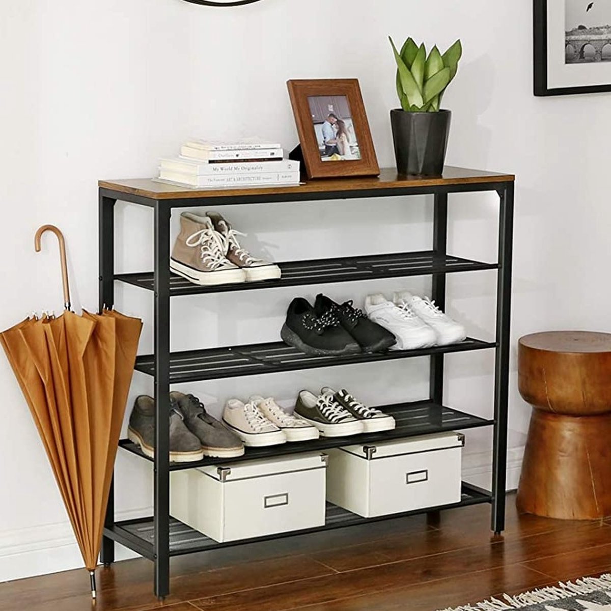 Schoenenrek Brad 4 legplanken - rustiek bruin/zwart - Vasagle - Schoenenrek - Zwart - Spaanplaat; Staal (6096035682674)