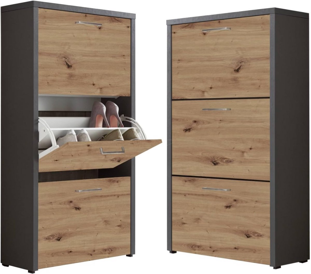 Schoenenrek met 3 Kleppen voor 18 Paar | Kast voor Schoenen in Wit en Artisan Eiken (9101074428156)