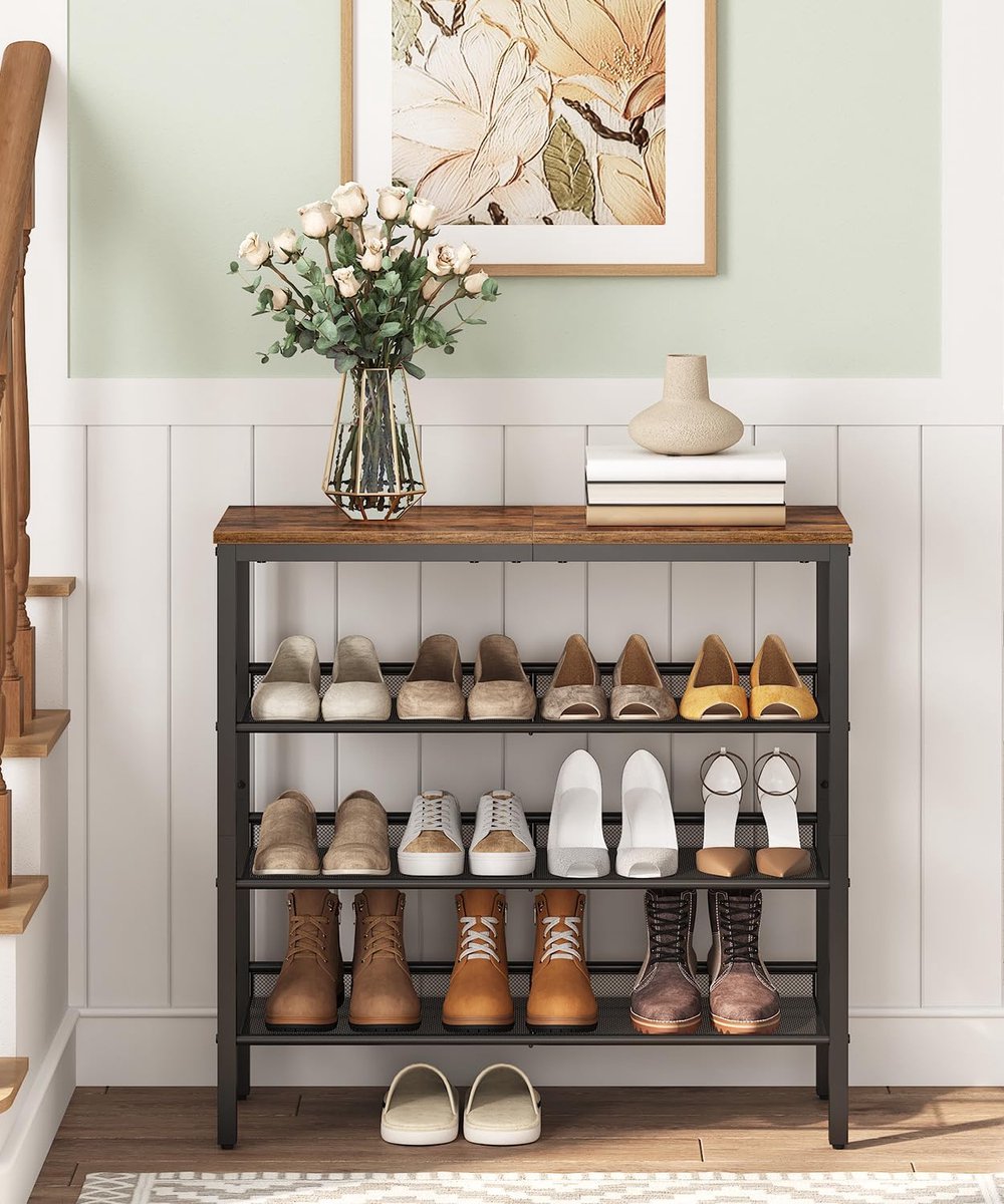 Schoenenrek met 4 verdiepingen, schoenenkast, verstelbaar metalen roosterrek, ruime bovenkant, voor 12-15 paar schoenen, ingang, gang, industrie, vintage bruin-zwart EBF42XJ01 (6150438729739)