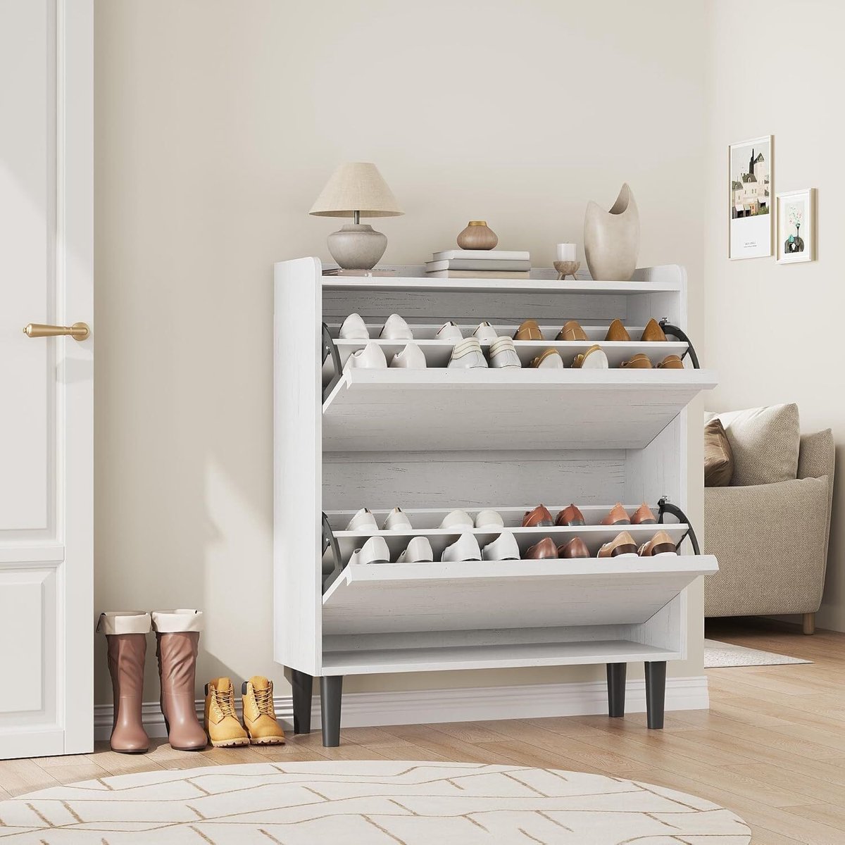 Schoenkast met 2 laden, verborgen houten schoenkast, vrijstaande schoen opslag kast met verstelbare plank voor voor gang, woonkamer-Wit (6955675988617)