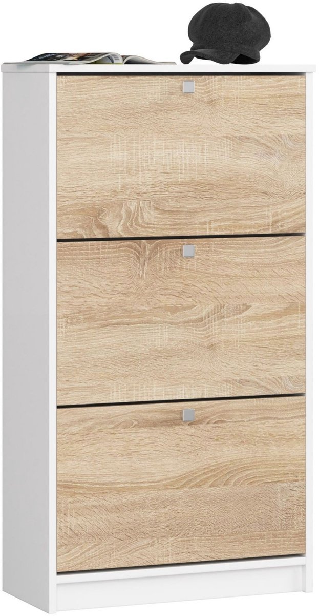 Schoenkast met 3 Klapdeuren / Schoenenopberger, Schoenenrek / Wit - Sonoma Eik / AKORD Furniture Factory / 60 x 113 x 28,5 cm (5907512210703)