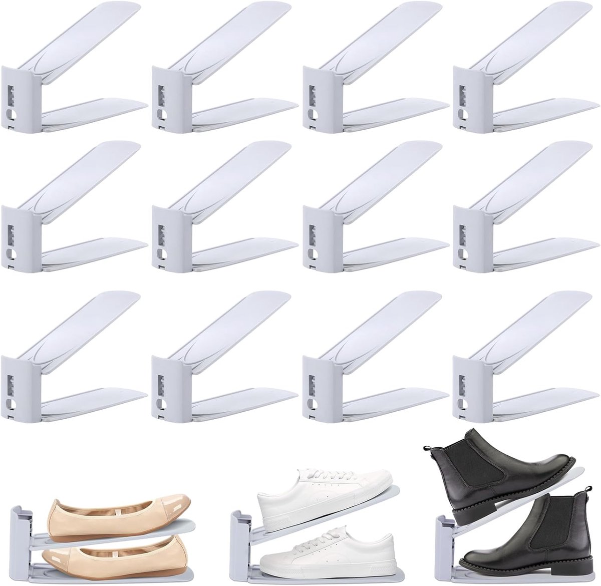 Schoenrek - 12 Inklapbare Dubbele Schoenrekken - 3 Hoogtes & Anti-slip - Voor Laarzen, Sportschoenen & Sandalen - Bespaart Ruimte in Hal & Kast - Eenvoudig in Elkaar te Zetten (0191491041952)