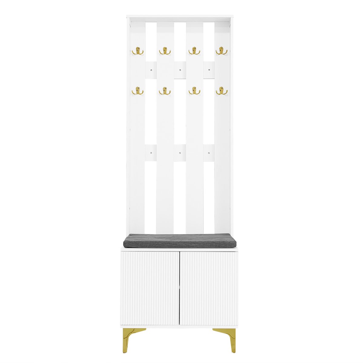 Schoenrek ingangskast opbergkast met 8 gouden haakjes een zachte zithoek om schoenen te verwisselen en opbergruimte verticale gestreepte golvende panelen 60,5x35,2x180,5 cm wit (4255890901951)