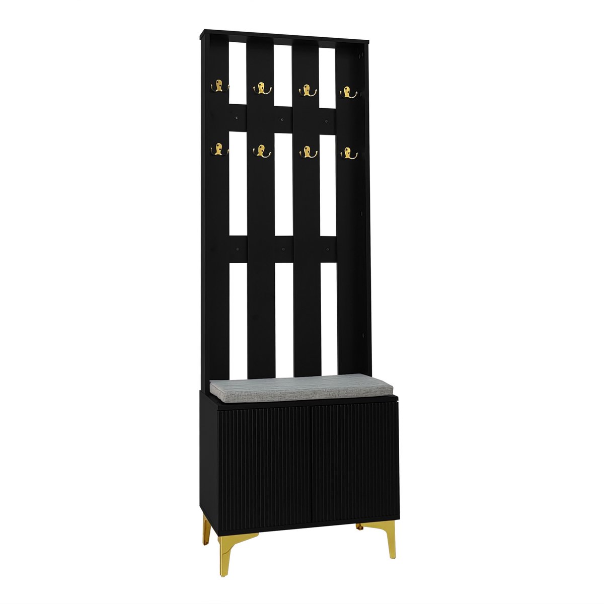 Schoenrek ingangskast opbergkast met 8 gouden haakjes een zachte zithoek om schoenen te verwisselen en opbergruimte verticale gestreepte golvende panelen 60,5x35,2x180,5 cm zwart (4255890901944)