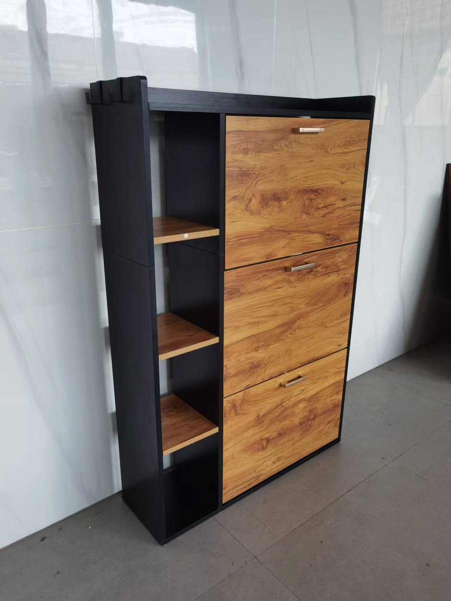 Shoe Cabinet Wood with 3 Doors Shoe Cabinet Narrow Shoe Rack Shoes Tipper Anti-tilt Device for Entrance Area Hallway Black (3700267638981)