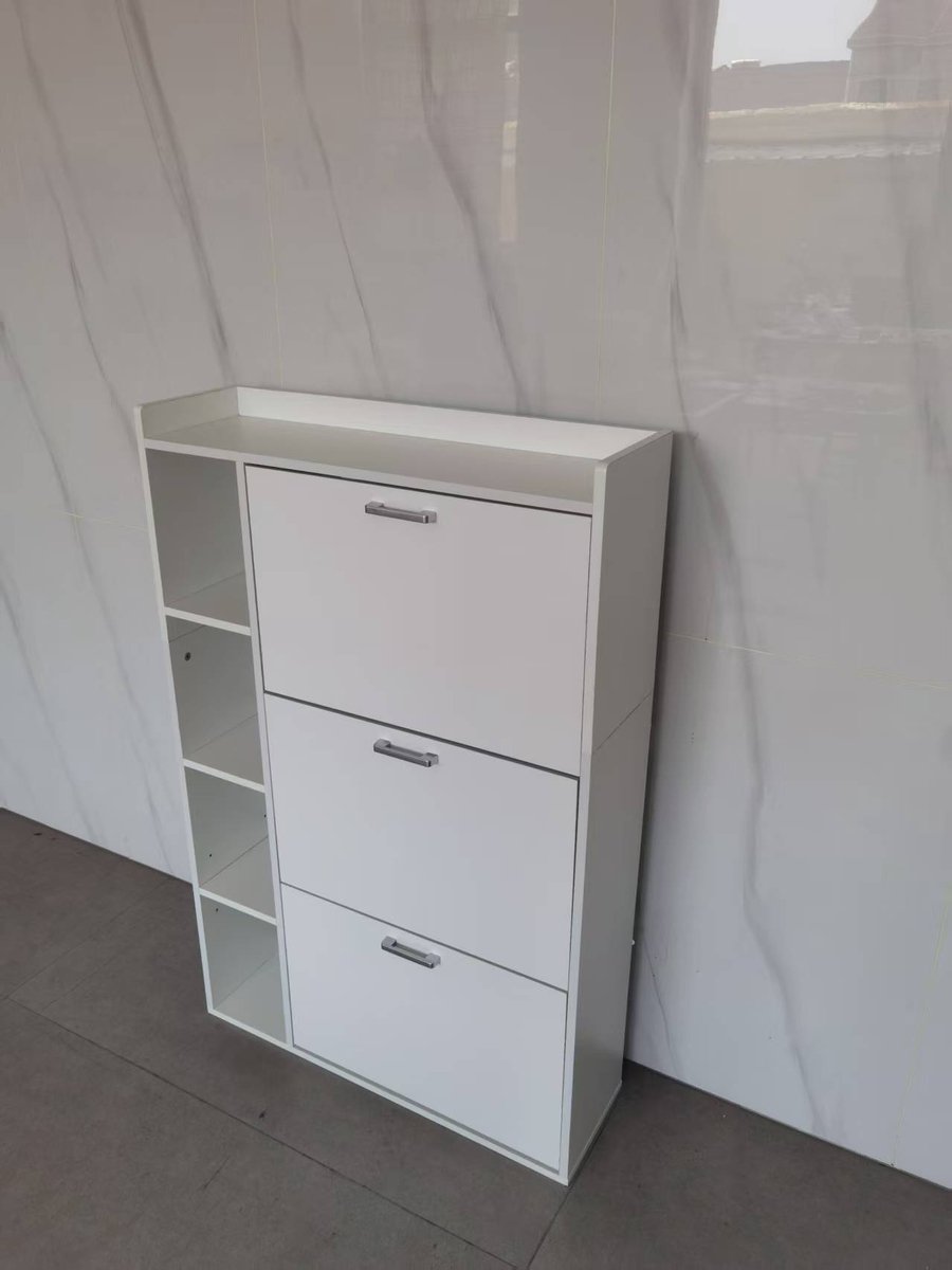 Shoe Cabinet Wood with 3 Doors Shoe Cabinet Narrow Shoe Rack Shoes Tipper Anti-tilt Device for Entrance Area Hallway White (3700267638998)
