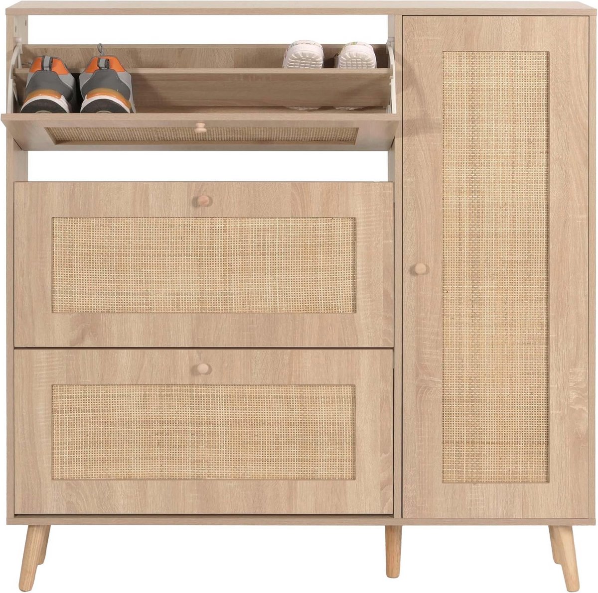 Shoenkast met 3 Klapvakken en 2 Planken - Eikenlook - Slingermeubel voor Hal (9101079288489)