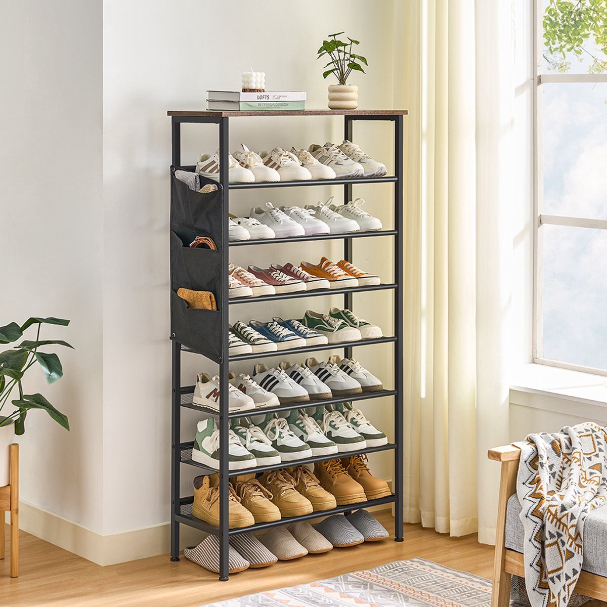 Signature Home Osaka Schoenenrek - Schoenkast met organizer - 24-34 paar Schoenen - Metaal Hout - Industrieel - Bruin Zwart - 75 x 30 x 142 cm (8720849724081)