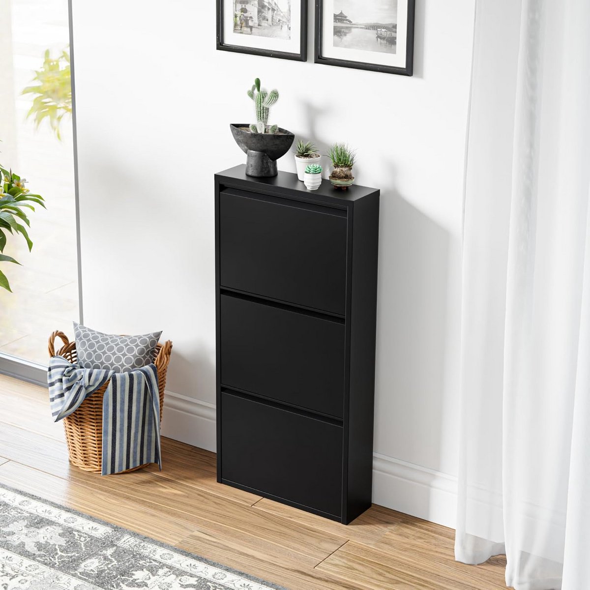 Slanke Metalen Schoenenkast met 3 Kleppen - Zwart - Ideaal voor Hal en Gang (9101056171162)