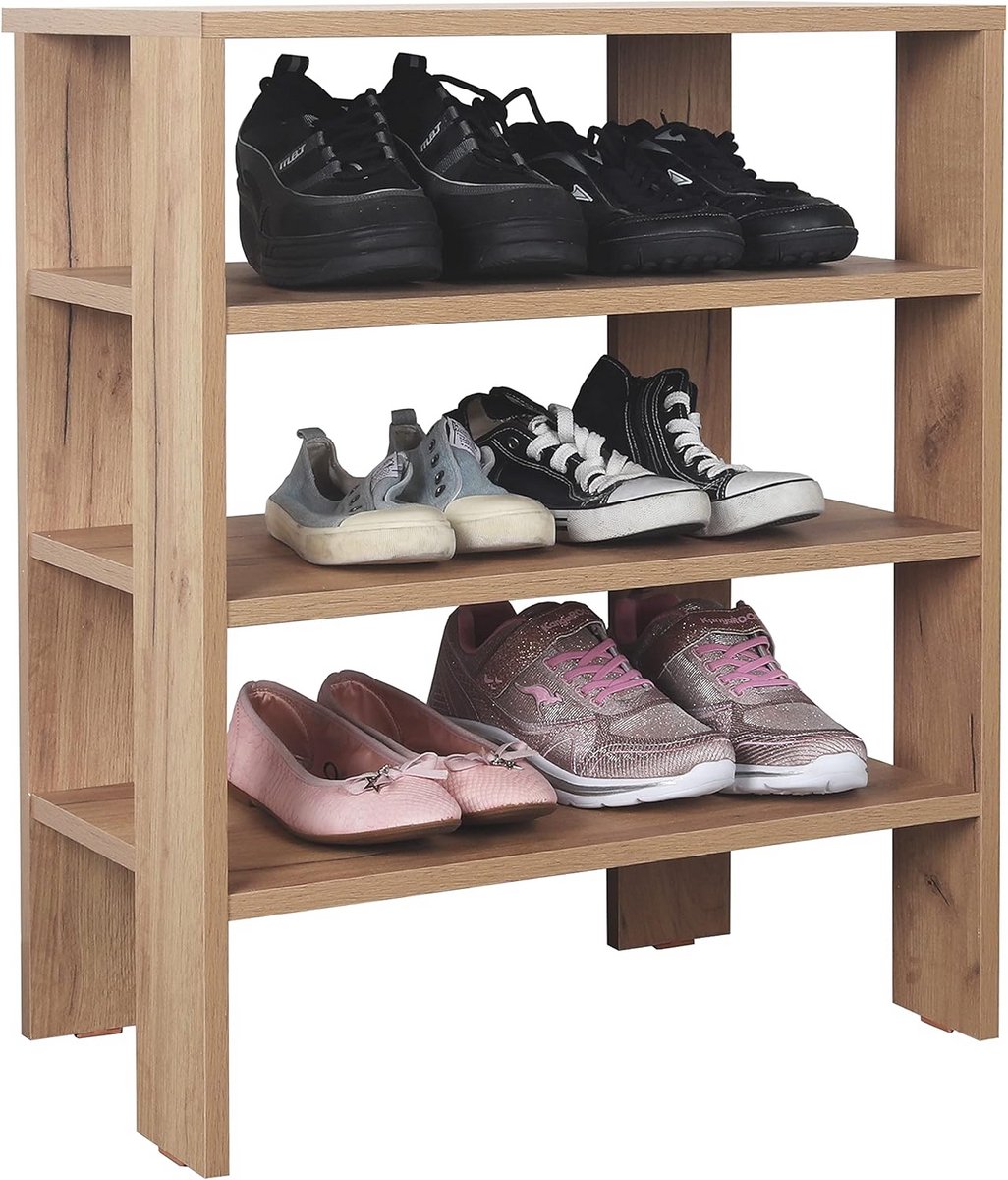 Smal en Hoog Schoenenrek met 3 Niveaus - Open Schoenenkast voor Hal en Gang - Eiken Bruin (9101062529650)
