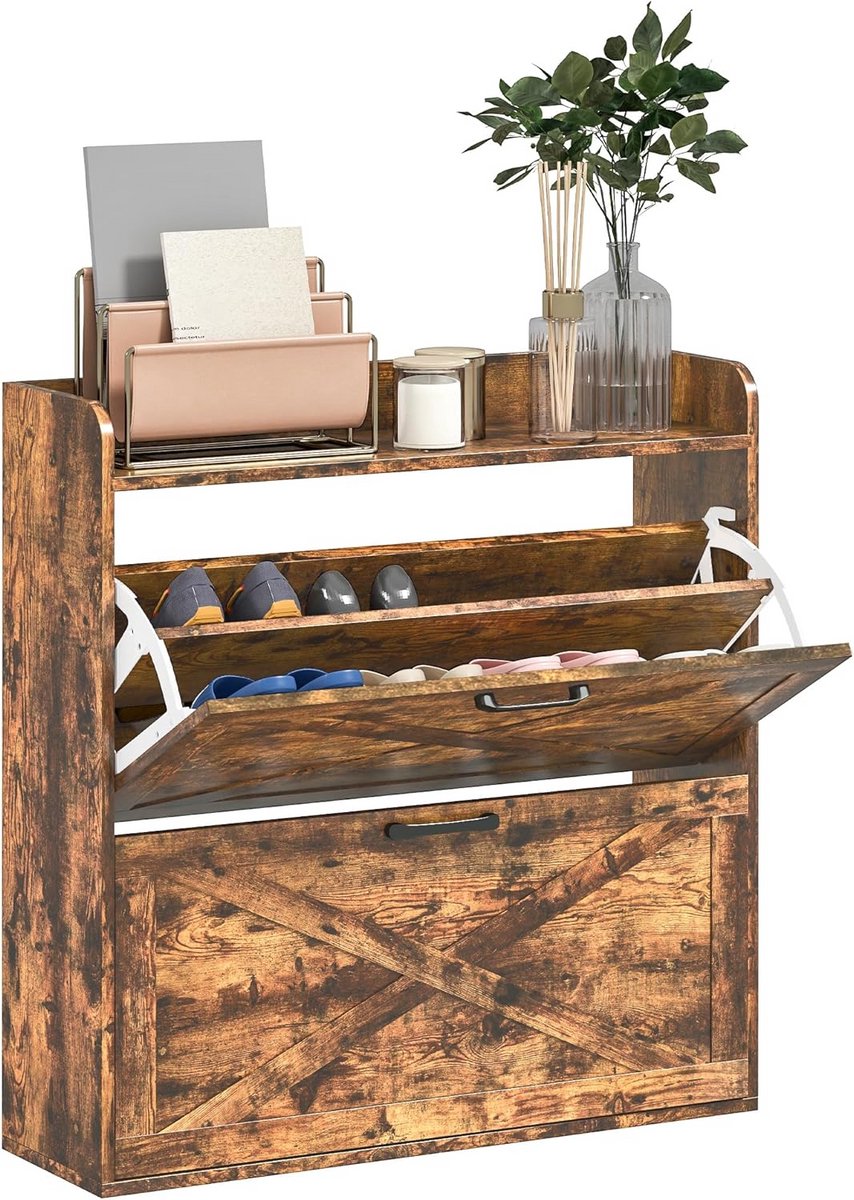 Smalle Schoenenkast met 2 Lades en Schuurdeur - Rustiek Bruin - Kast voor Hal en Entree (9101078674283)