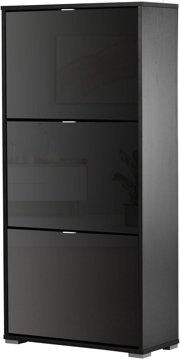 Smalle Schoenenkast met 3 Klapdeuren en Opbergruimte - Zwart Gelakt (9101050086646)