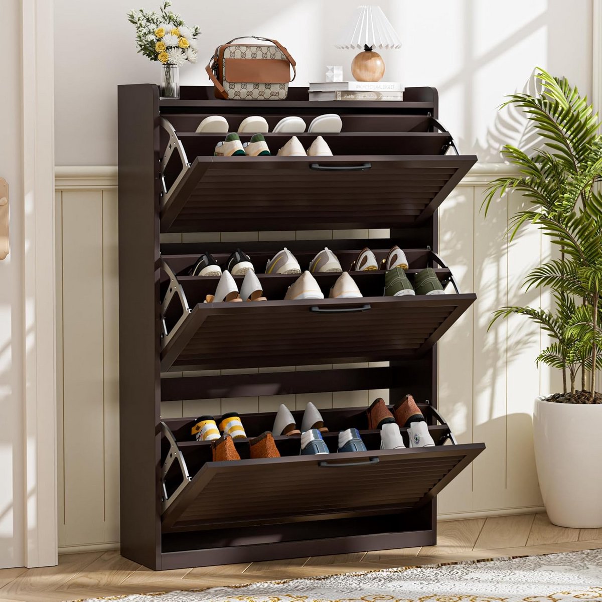 Smalle Schoenenkast met 3 Kleppen en Verstelbare Vakken voor Hal (9101096466952)