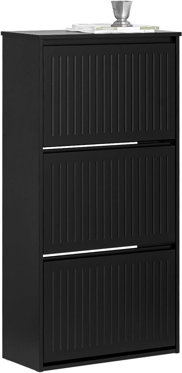Smalle Schoenenkast met 3 Kleppen voor Hal en Gang - Zwart - 120 cm Hoog (9101057588303)