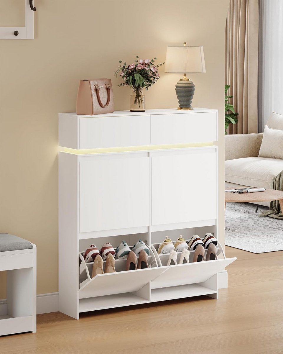 Smalle Schoenenkast met 4 Kleppen en LED Verlichting - 20 Paren Opslag (9101097432840)