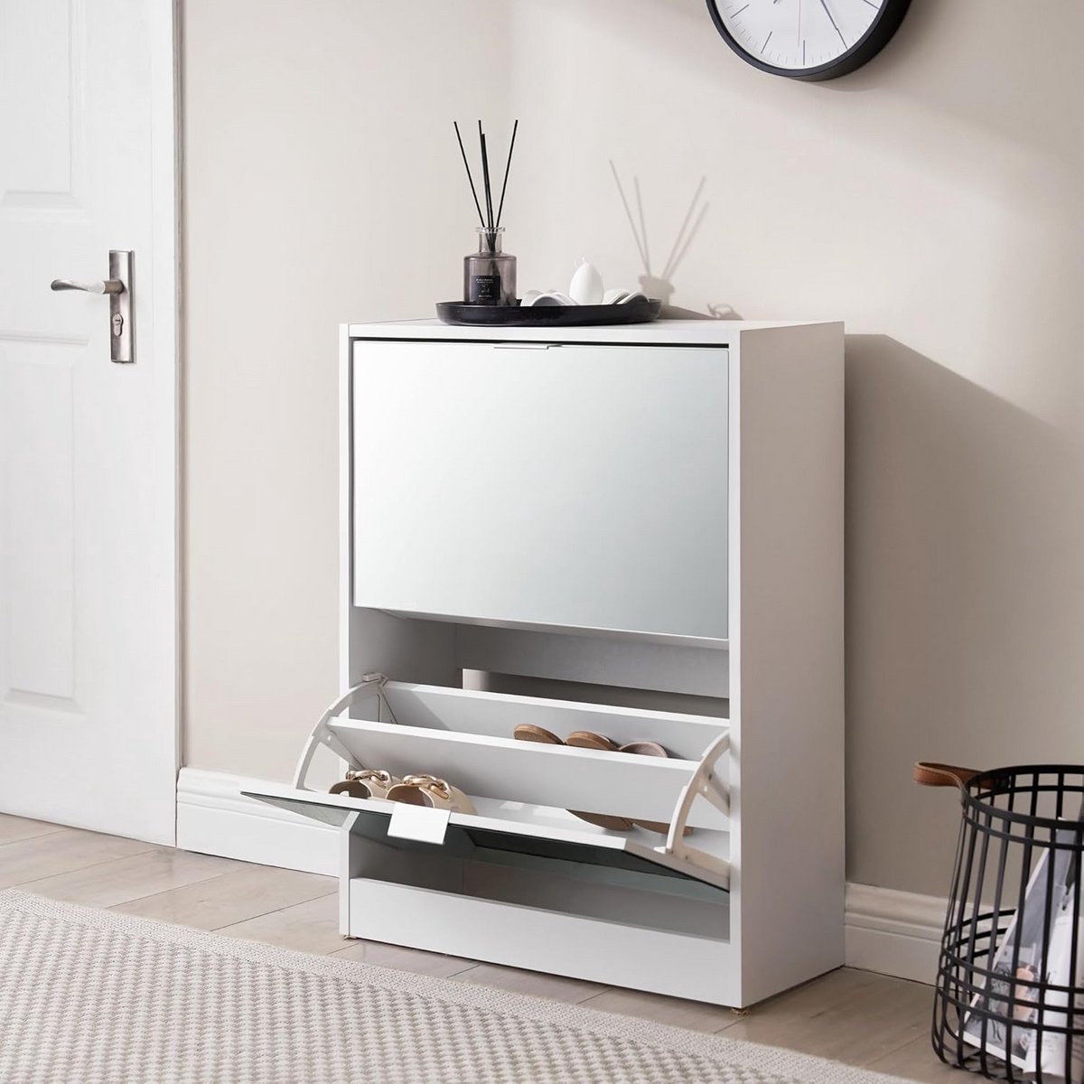 Smalle Schoenenkast met Spiegeldeuren voor Hal en Gang (Wit, 80x60x24 cm) (9101094646950)