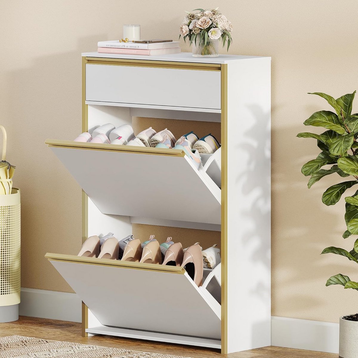 Smalle Schoenenkast met Vouwdeuren en Lade - Hoge Schoenopberger voor Gang en Hal (9101097702844)