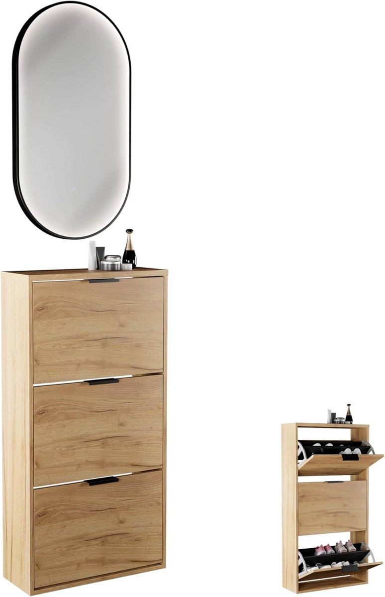 Smalle Schoenmeubel met Spiegel en LED Verlichting met 3 Kleppen - Schoenenkast met 6 Planken (9101075642629)