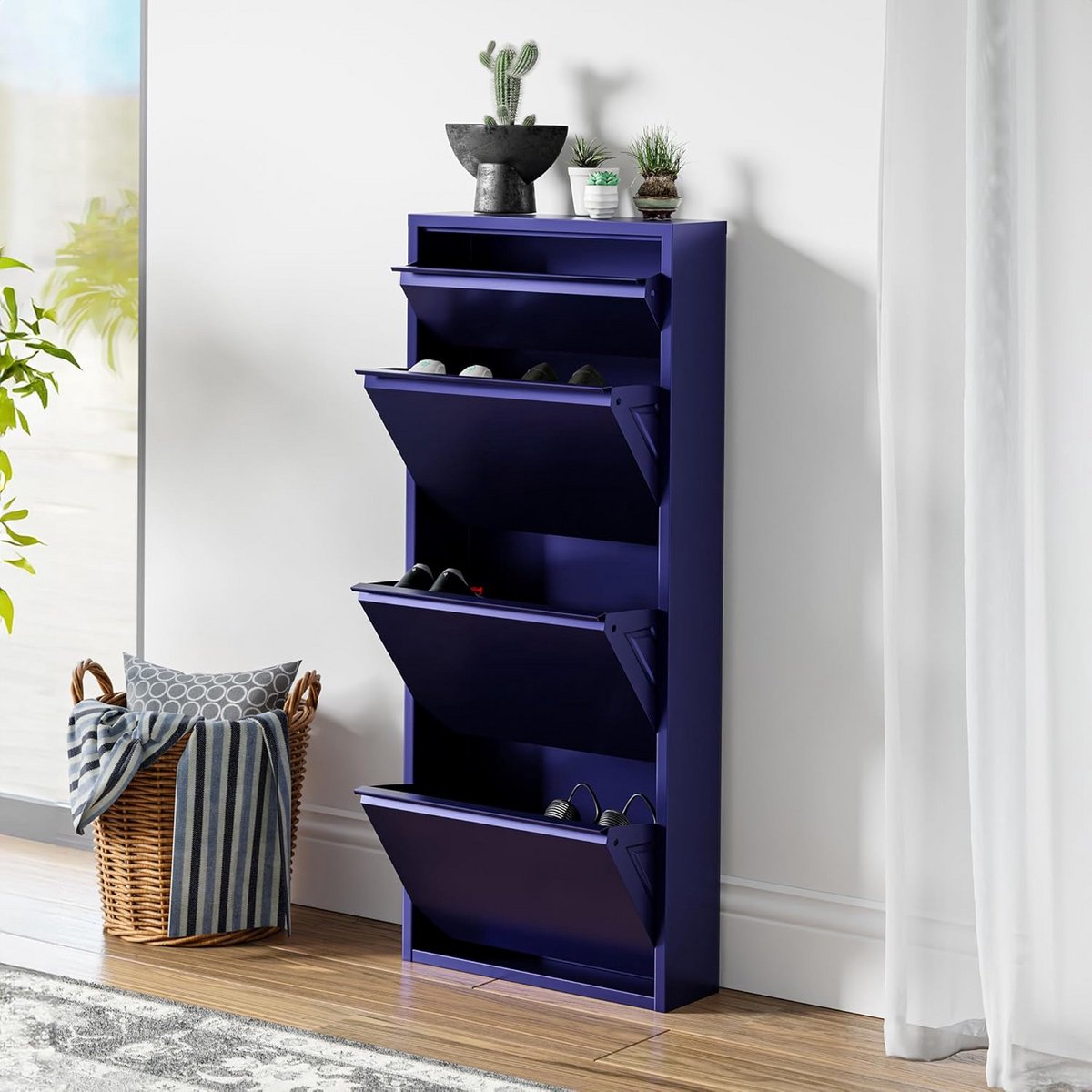 Smalle metalen schoenenkast met 4 kleppen en bovenblad (9101097715387)