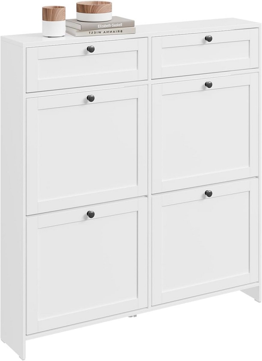 Smalle schoenenkast entree met 2 lades en 4 klepdeuren - Witte opbergkast voor 12 paar schoenen (9101034271563)