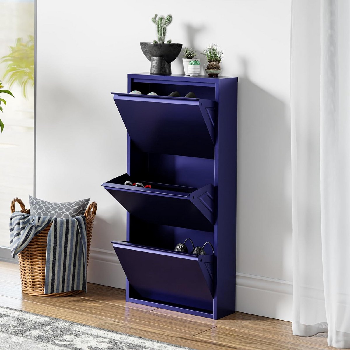 Smalle schoenenkast met 3 kleppen metaal 104x50x15cm nachtblauw (9101097784260)