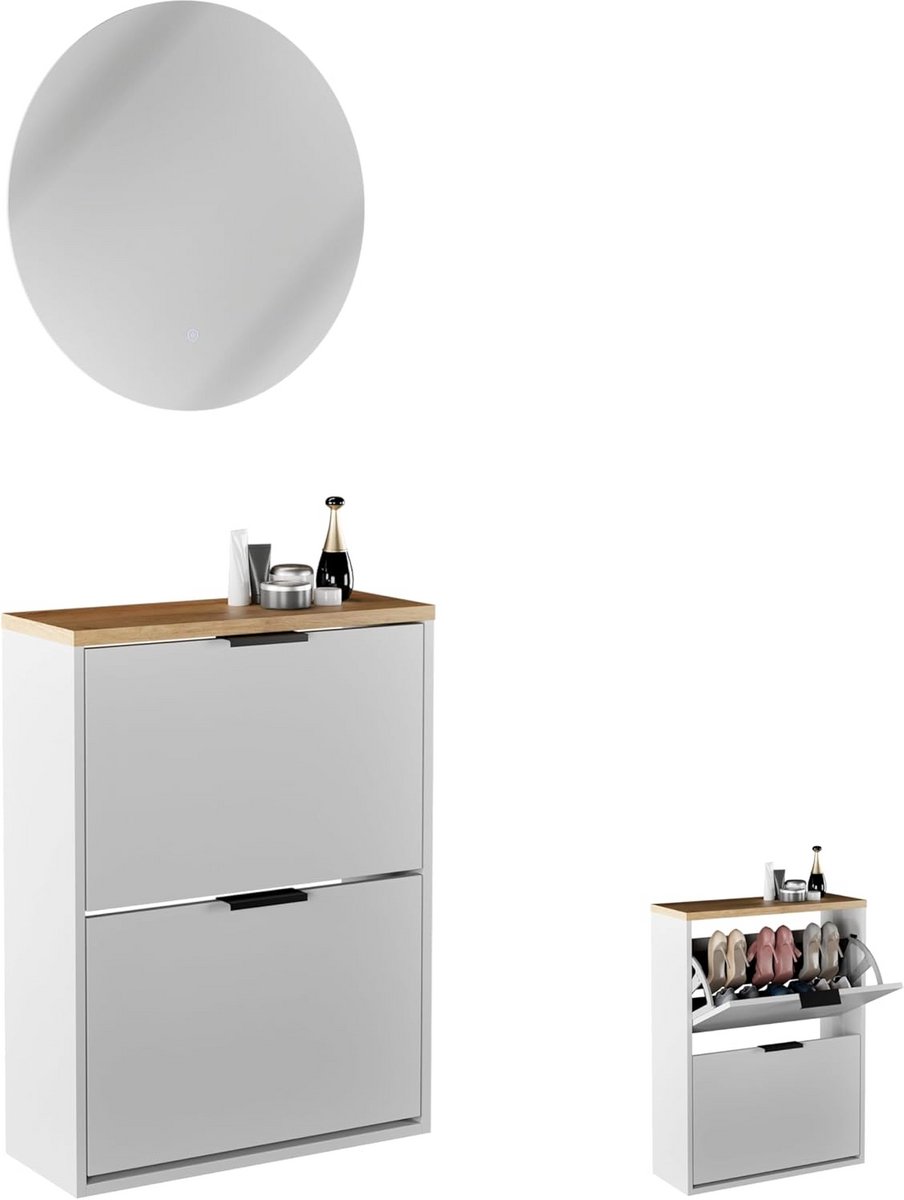 Smalle schoenenkast met ronde spiegel voor hal en gang (9101097713246)