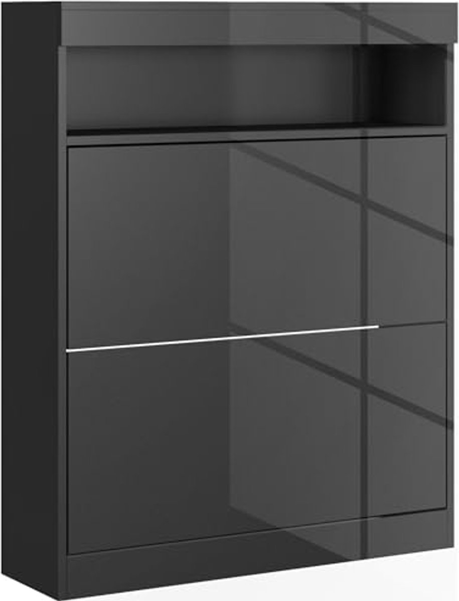 Smalle schoenenkast voor wandmontage of vrijstaand met 2 klapladen en open plank voor 12-16 paar schoenen - Zwart (6153941320356)