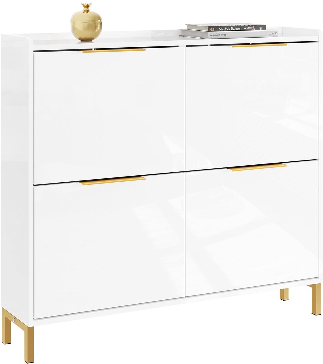 SoBuy FSR206-GW Schoenenkast Ingang - Ultradun 19 cm - Hoogglans Wit en Goud - Voor Hal, Gang, Kleine Ruimte, Met Kantelbeveiliging en Vloerbescherming - 100x19x90 cm (4251388644959)