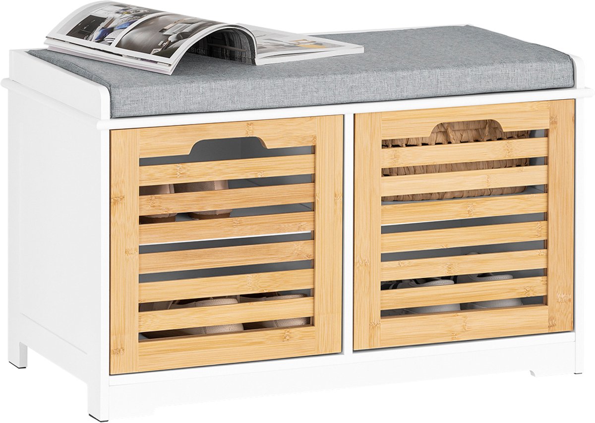 SoBuy FSR23-II-WN Schoenenbank voor entree, met gevoerd kussen, 2 deuren, 4 vakken, 71x35x43 cm, wit/ecru (4251388631027)