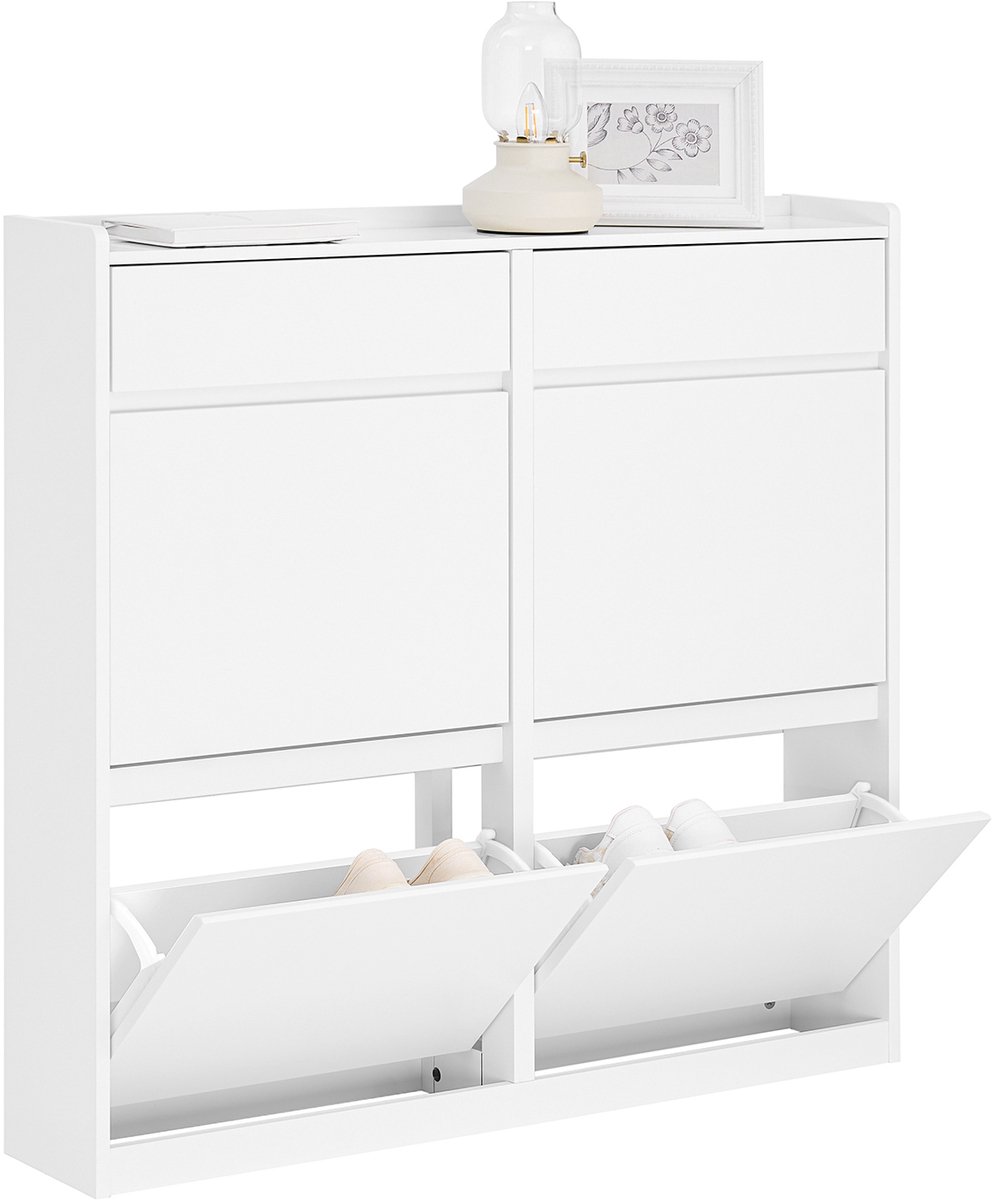 SoBuy Schoenenkast met 4 kleppen, Schoenenrek, Schoenenopslag, Entreekast, Opbergkast voor Hal, Wit, 98x95x19cm, FSR169-W (4251388630761)