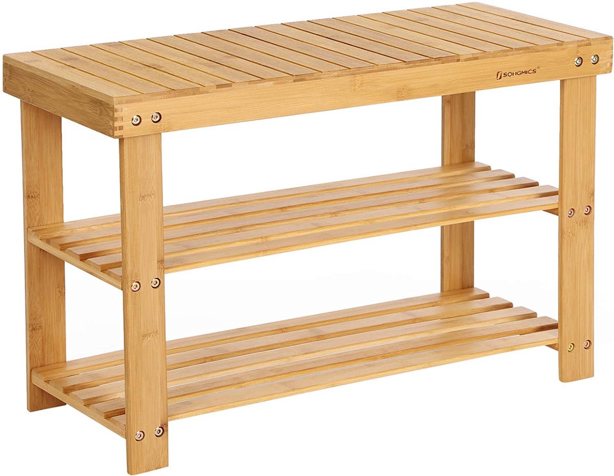 Songmics Schoenrek, schoenenkast met bankje, bamboe schoenbank met 3 planken, 70 x 28 x 45 cm ideaal voor hal, badkamer, woonkamer, gang, LBS04N (6589747245782)