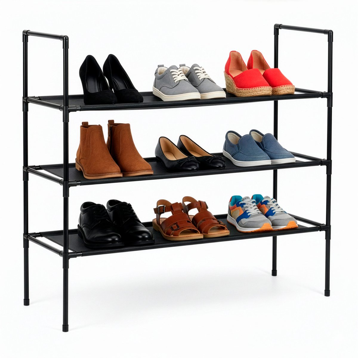 Springos Schoenenrek | 9 - 12 Paar Schoenen | 3 Laags | Polyester/Metaal | Zwart | 28 X 72 X 72 CM (5908455306980)