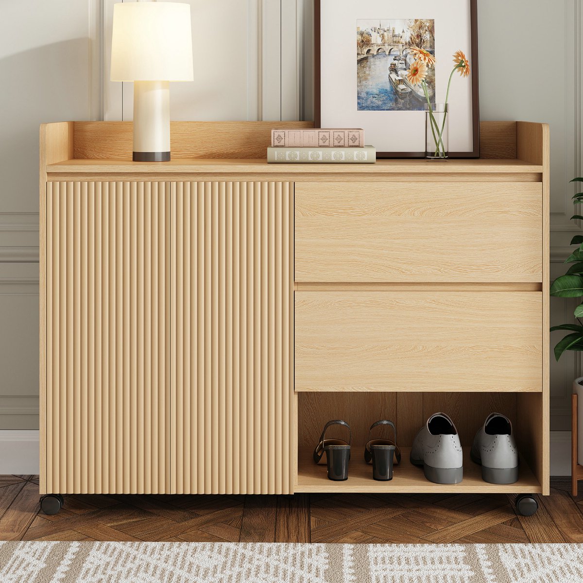 Strovea Schoenenkast - Met wieltjes - Verstelbare planken - 2 lades - Natuurlijke (9331194346409)