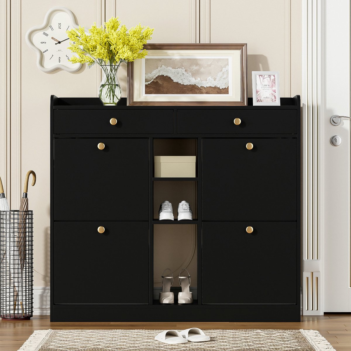 Strovea Schoenenkast in Zwart - met 4 draaideuren - 2 lades - 3 open vakken - afmetingen: 110 x 26 x 100 cm (9331194347062)