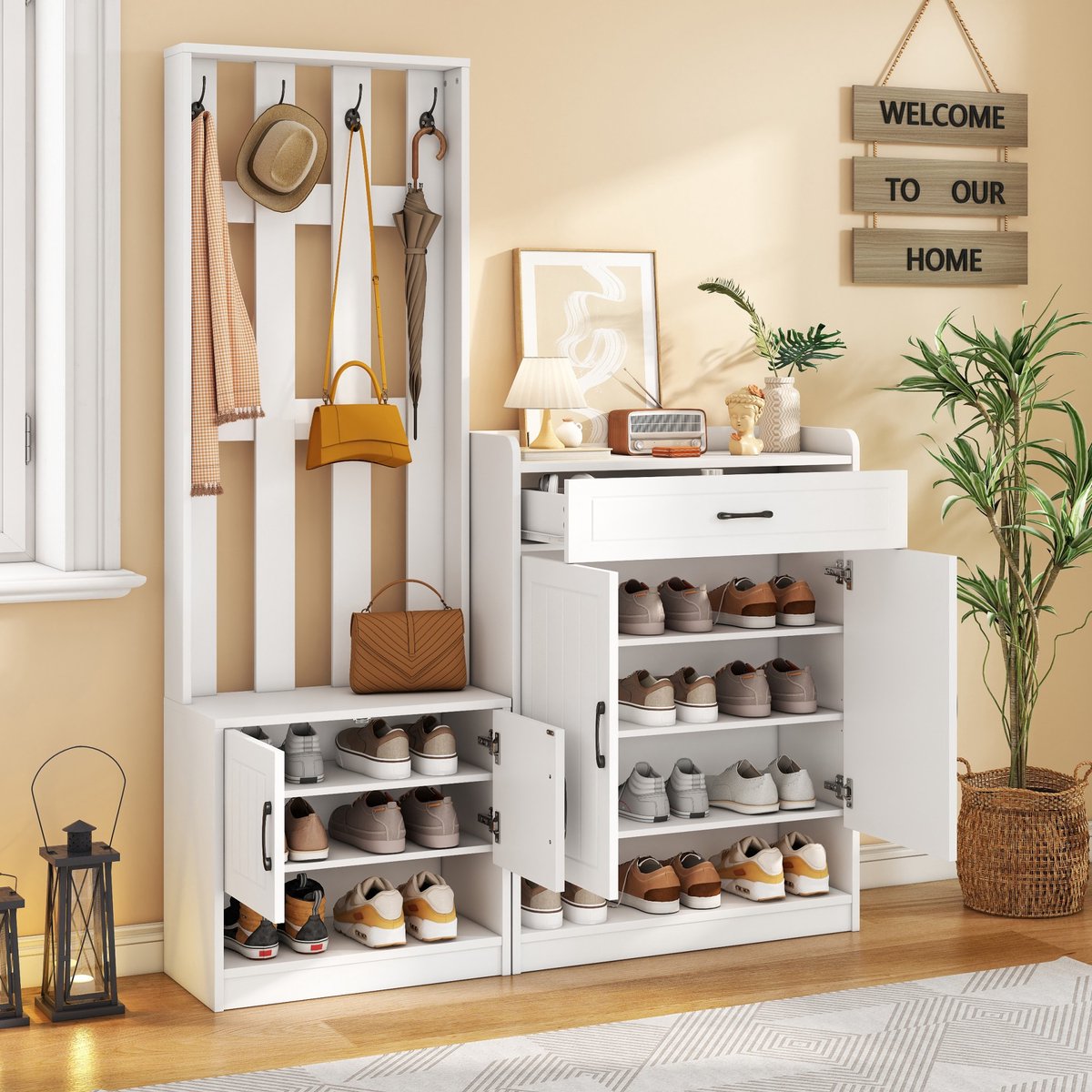 Sweiko Garderobeset - Schoenenkast - Met 4 haken - Lade - Schoenenbank - Wit (7842594946219)