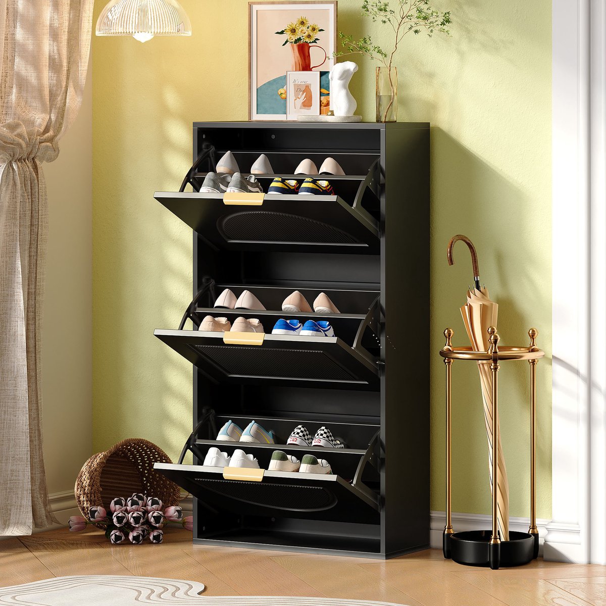 Sweiko Schoenenkast - 3 klepdeuren - 60 x 24 x 114 cm - Zwart (7864123802353)