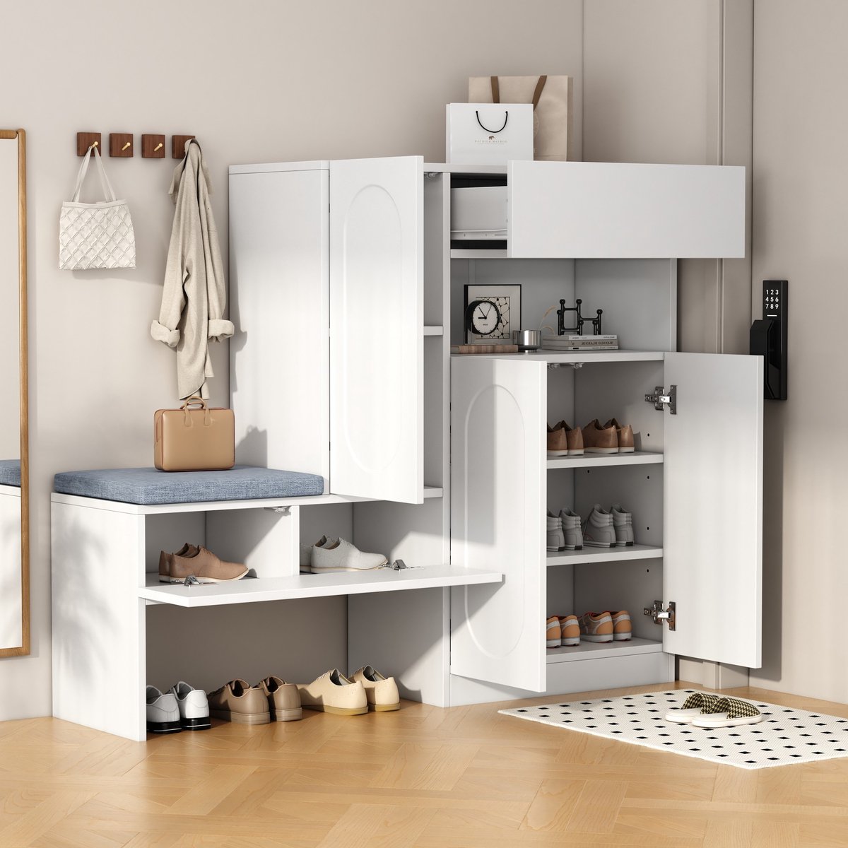 Sweiko Schoenenkast - Gebogen deuren - Met lades - Verstelbare planken - Gewatteerde bank - Wit (5348521947097)