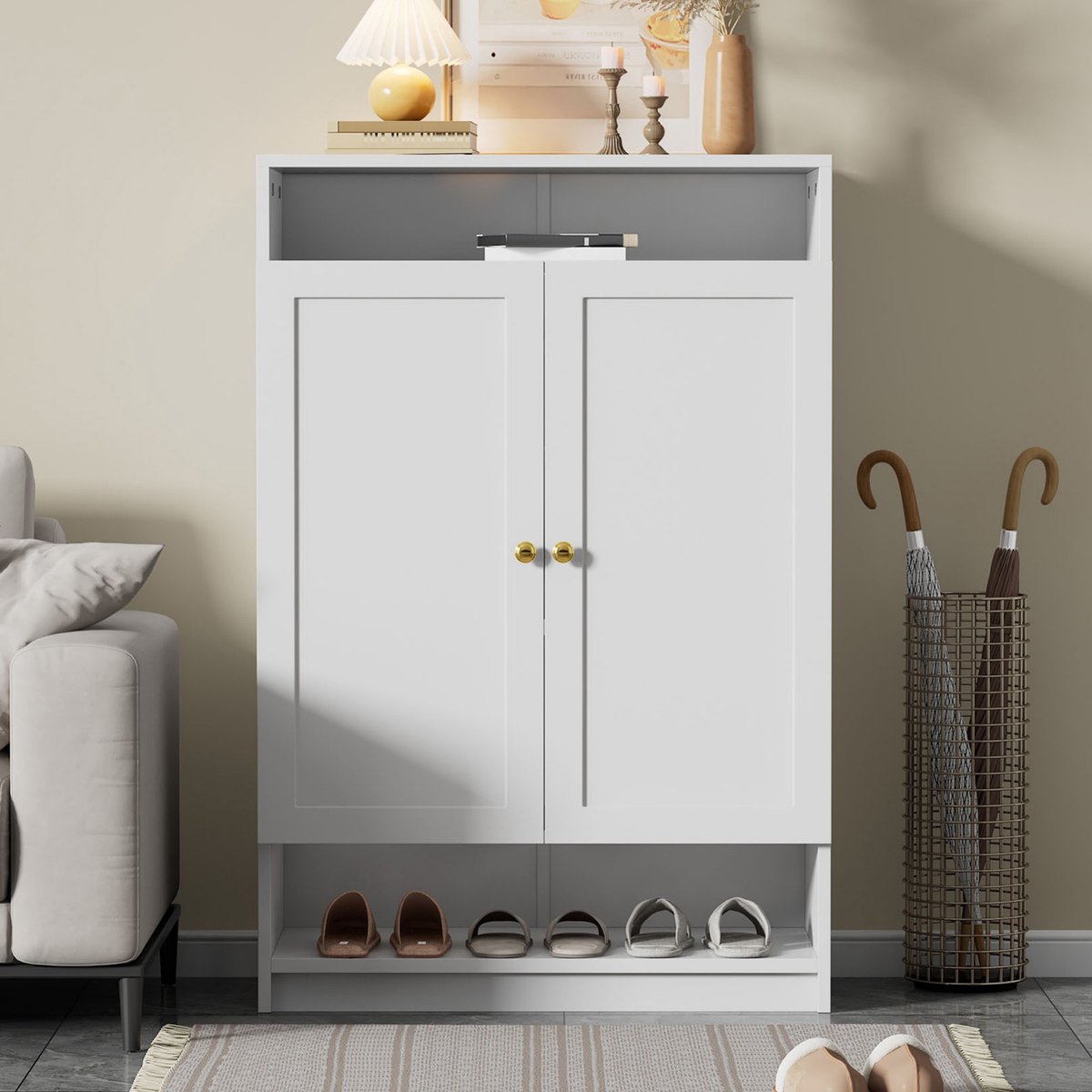 Sweiko Schoenenkast - Verstelbare Planken - Gouden Handvat - Dubbeldeurs Schoenenkast - 73*34*109cm - Wit (5693254128511)