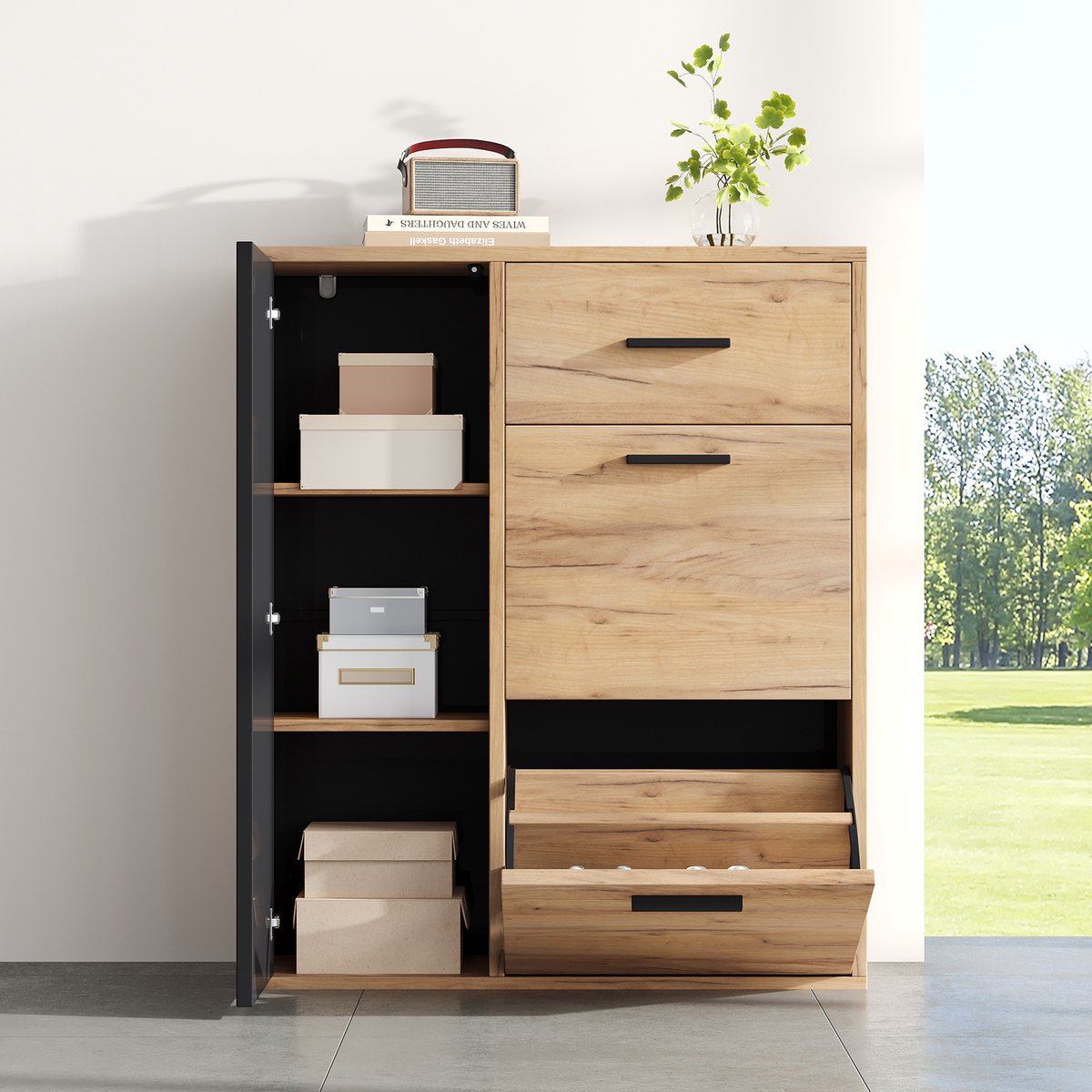 Sweiko Schoenenkast - Verstelbare planken - Met lades - 80 x 24 x 95.5 cm - Zwart + naturel (3875843215495)