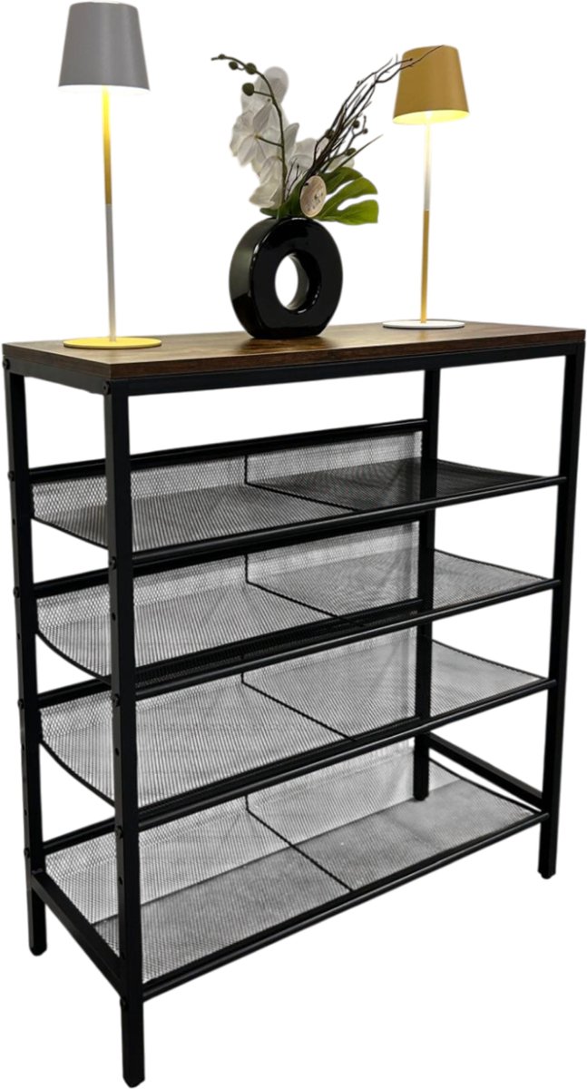 TUUSO® Schoenenrek 5 Lagen - Zwart Metaal met Bruin Bovenblad - 75×30×85 cm - Stevig 7kg - Verstelbare Metalen Legplanken - Industrieel Design - Schoenenkast / Opbergrek (8721325911049)