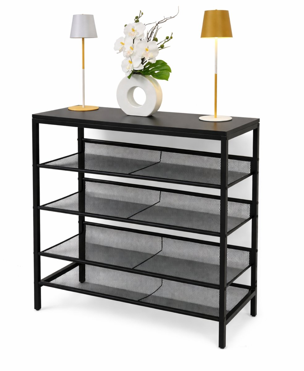 TUUSO® Schoenenrek 5 Lagen - Zwart Metaal met Zwart Bovenblad - 75×30×85 cm - Stevig 7kg - Verstelbare Metalen Legplanken - Industrieel Design - Schoenenkast / Opbergrek (8721325911056)